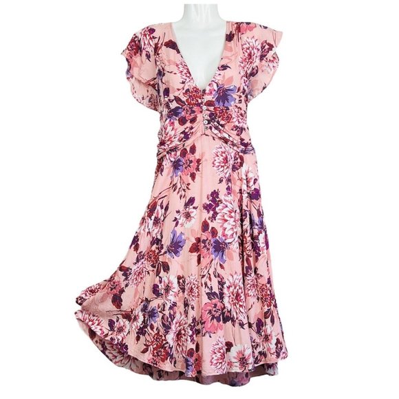 Tree of Life Dresses & Skirts - Tree of Life Midi Dress Pink Floral Tie Back Boho Hippie Tropical Rayon Size XL